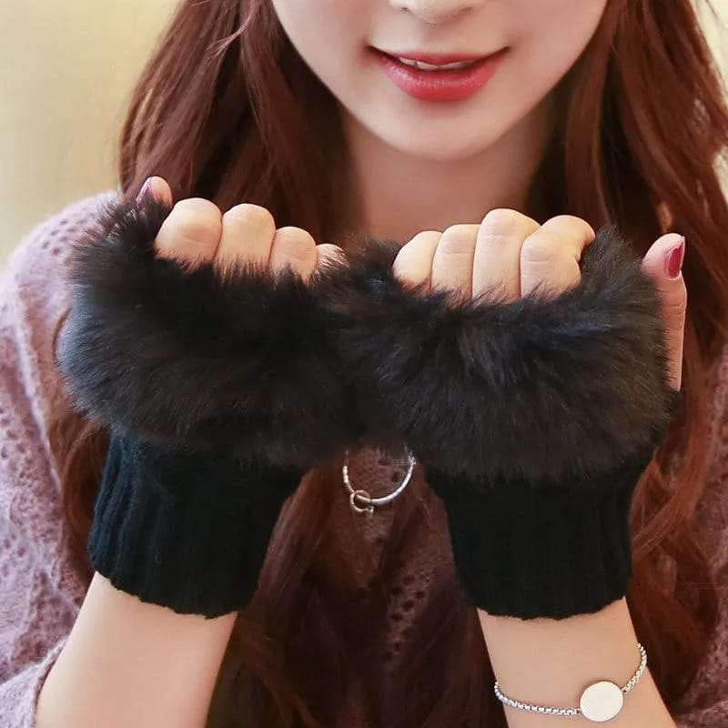 Faux Rabbit Fur Gloves For Women